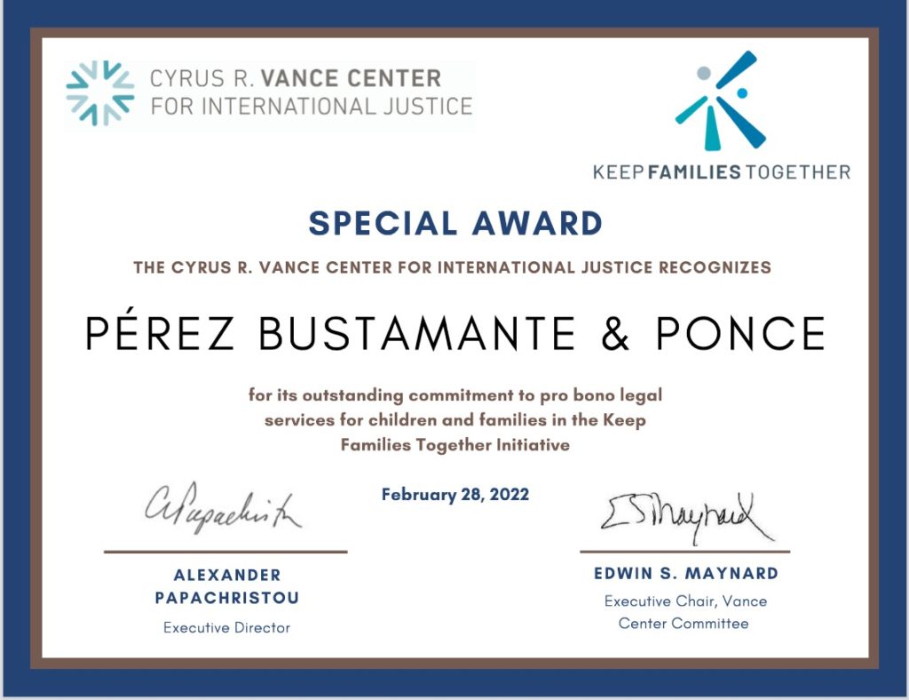 Vance Center reconoce a PBP por el trabajo Pro Bono que realiza a través de la Fundación Fabián Ponce O.